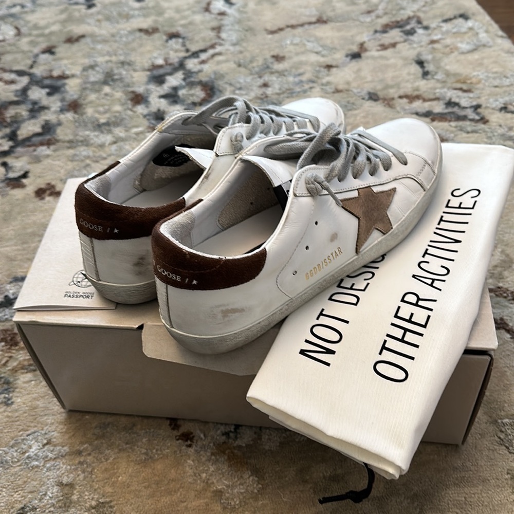 Golden Goose White Leather Sneakers with Brown Star Accent - Picture 2 of 5